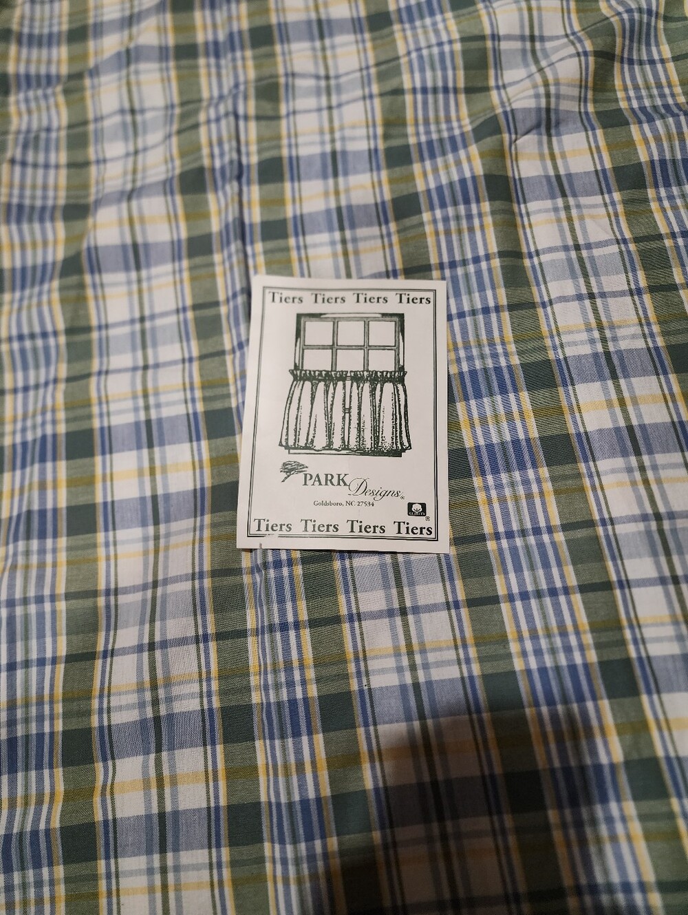 Blue, green, yellow and white plaid curtains